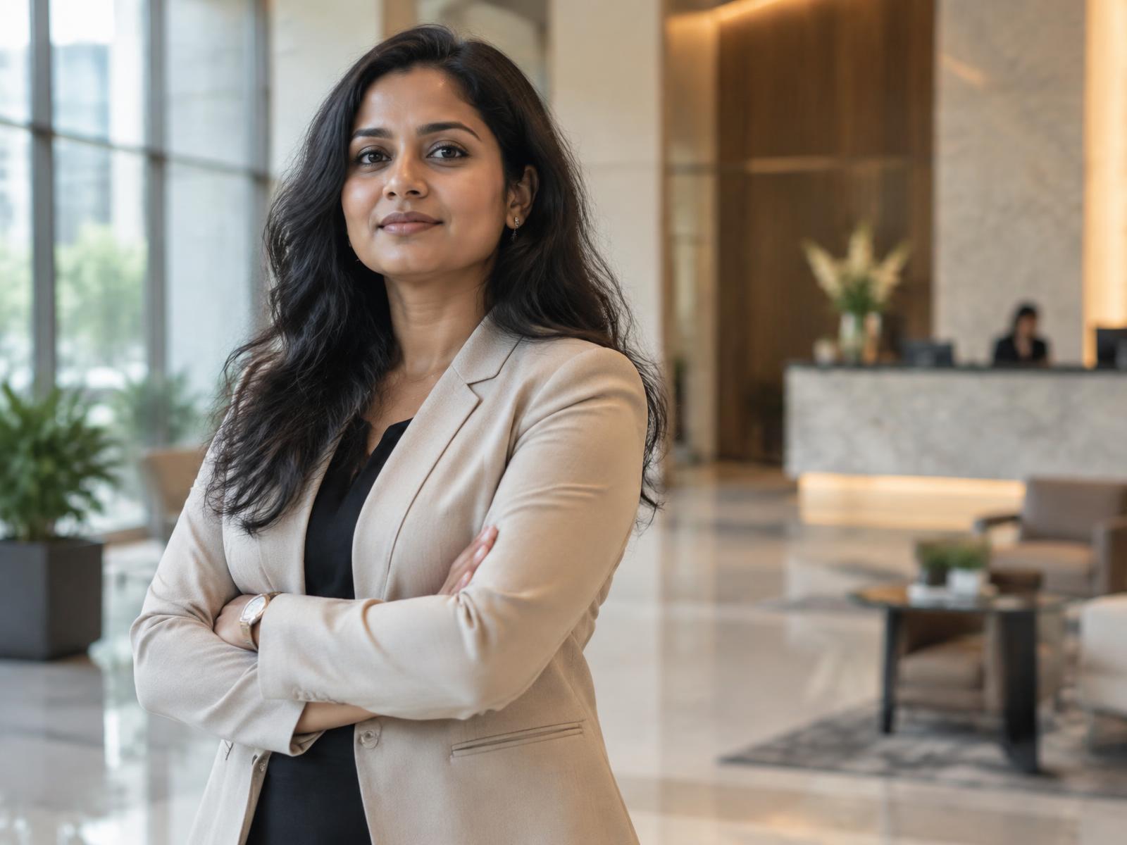 Indian corporate professional standing in a modern office lobby