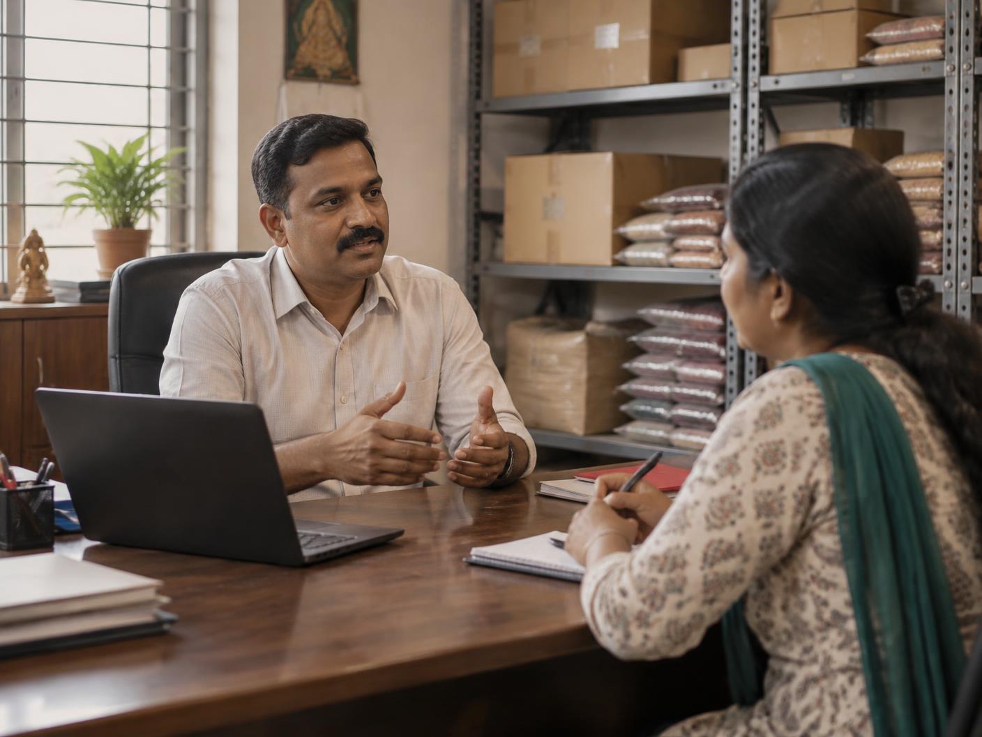 An Indian business owner in conversation with an employee across a desk