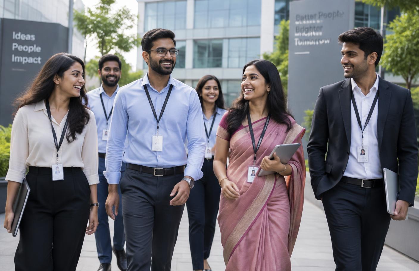 Indian office employees walking together outside a corporate campus